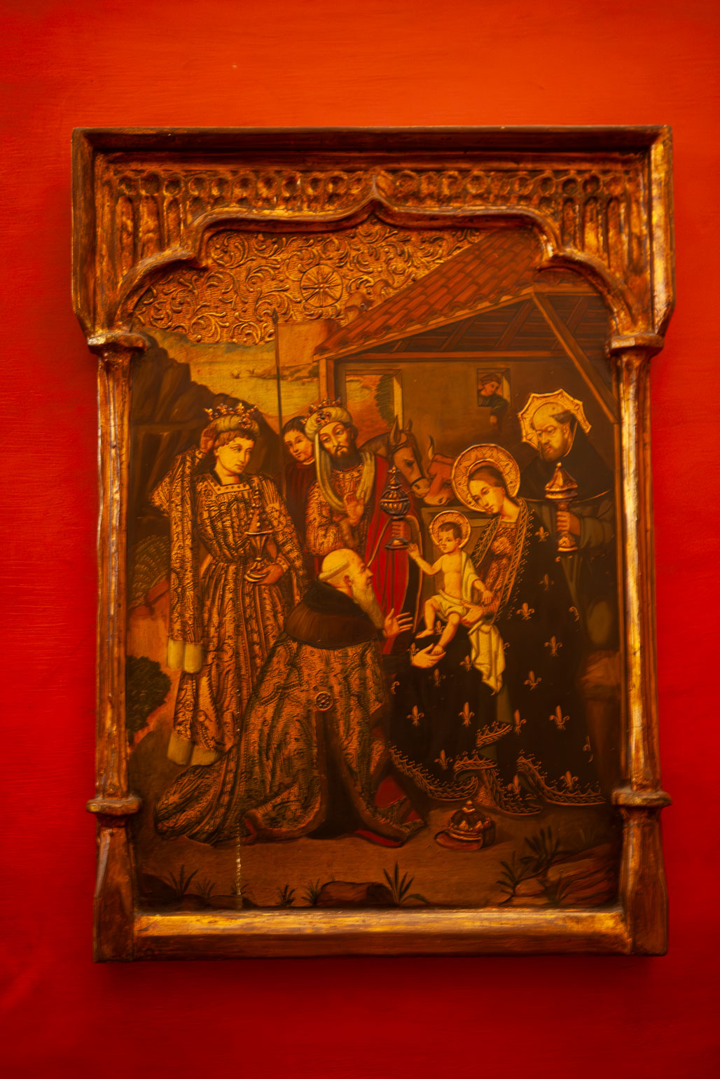 Heiligen Drei Könige (Caspar, Melchior und Balthasar) Jesuskind, Holzrahmen im Mudéjar-Stil, Iglesia de San Juan del Hospital, València, Valencia, Spanien